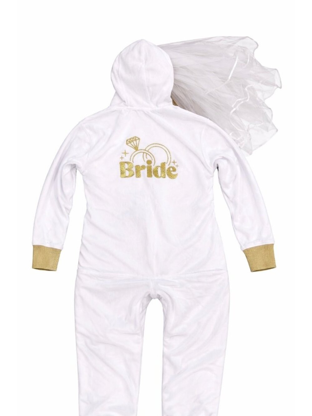 Tipsy Elves Bride Jumpsuit Hooded Veil White Gold Bachelorette Size M NWT
